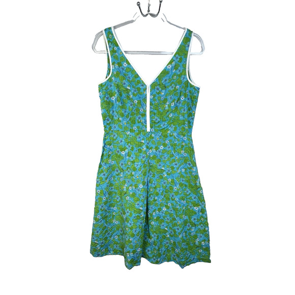 Pappagallo Dress Women 6 Blue Green Floral Textured Cotton Preppy Summer Casual - Picture 1 of 10
